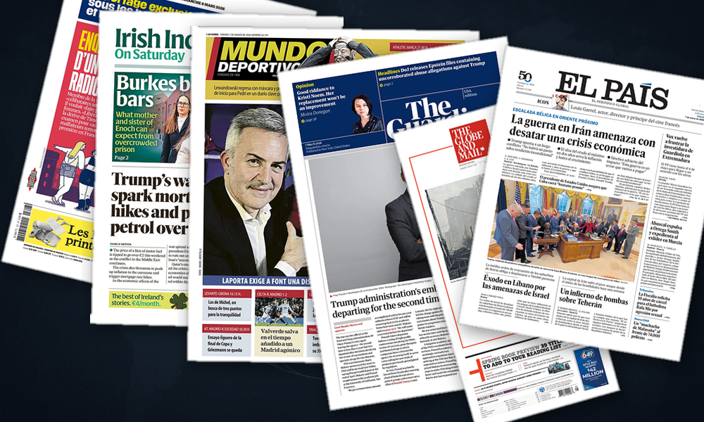 Collage delle prime pagine analizzate: Guerra in Iran, Libano sotto assedio e scosse sui prezzi