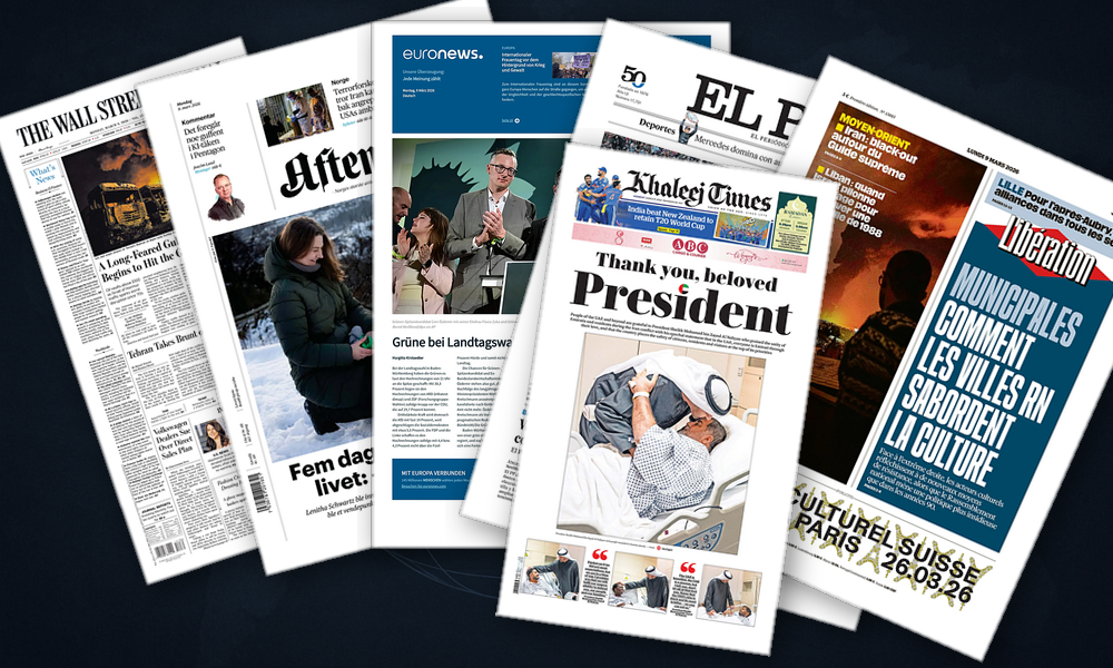 Collage delle prime pagine analizzate: Guerra in Iran, energia e urne europee