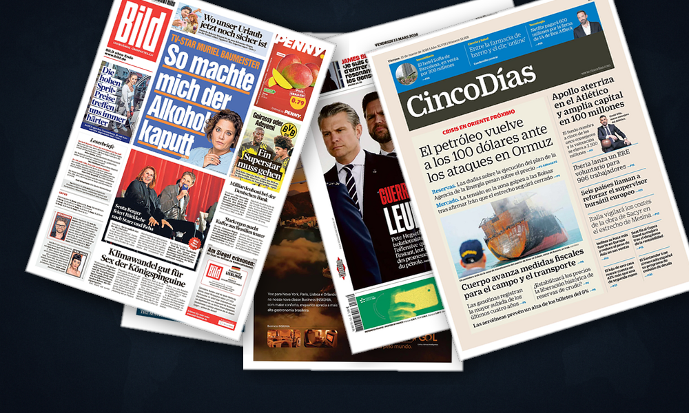 Collage delle prime pagine analizzate: Ormuz chiusa, Europa in allerta