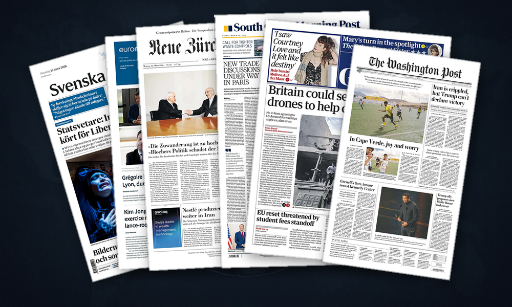 Collage delle prime pagine analizzate: Ormuz, urne francesi e democrazie sotto stress