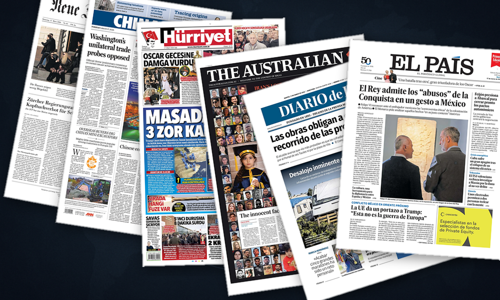 Collage delle prime pagine analizzate: Europa divisa tra Hormuz e urne francesi