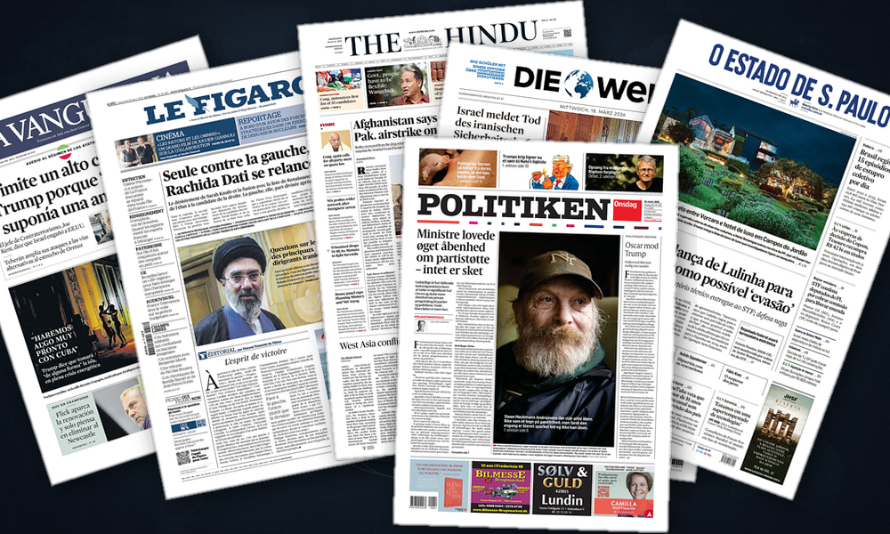 Collage delle prime pagine analizzate: Guerra in Iran e urne europee