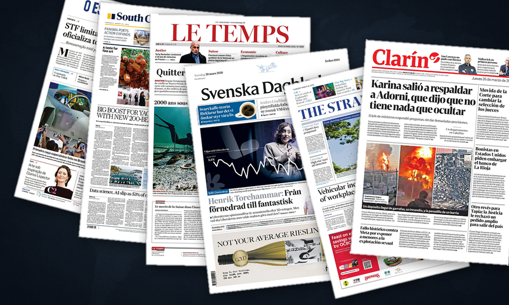 Collage delle prime pagine analizzate: Pressione su Ormuz, stallo a Copenaghen, riforme tedesche