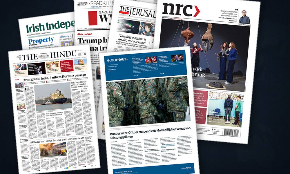 Collage delle prime pagine analizzate: Guerre e caro-carburanti dominano l’Europa