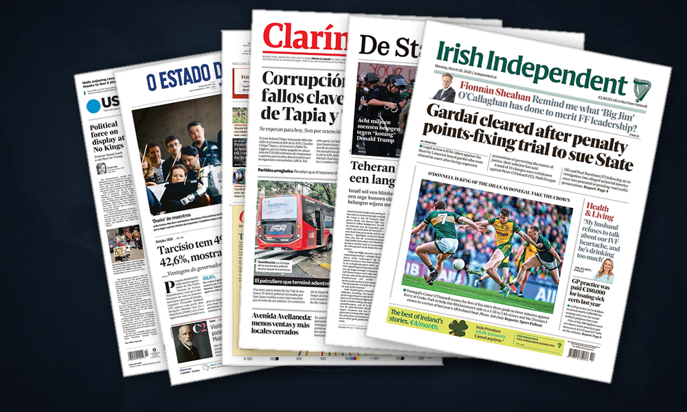 Collage delle prime pagine analizzate: Iran, proteste USA e nodi interni europei