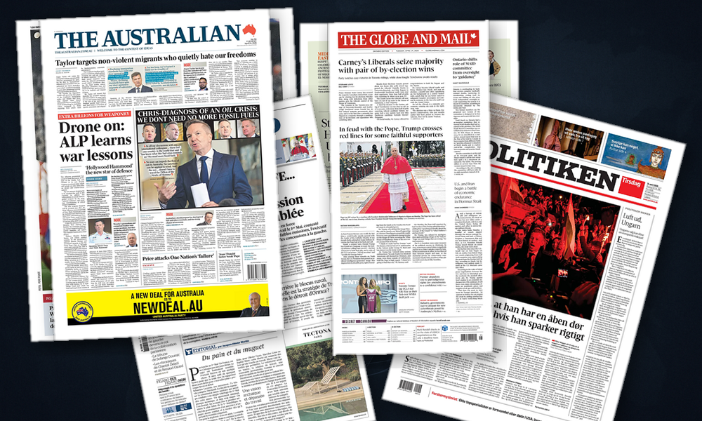 Collage delle prime pagine analizzate: Ungheria volta pagina, l’Europa teme Ormuz