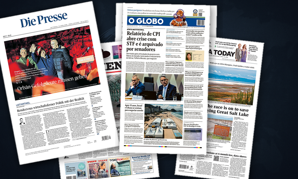 Collage delle prime pagine analizzate: Europa tra Iran, Ungheria e carburanti