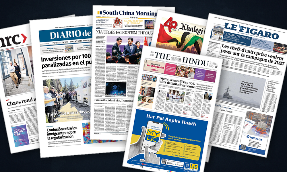 Collage delle prime pagine analizzate: Ormuz, droni e turbolenze interne