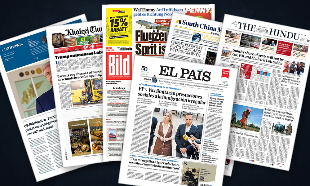 Collage delle prime pagine analizzate: Tregua in Libano, allarme energia, scosse politiche