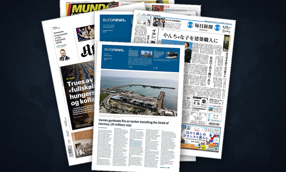 Collage delle prime pagine analizzate: Ormuz, Libano e sovranità digitale dominano l’Europa