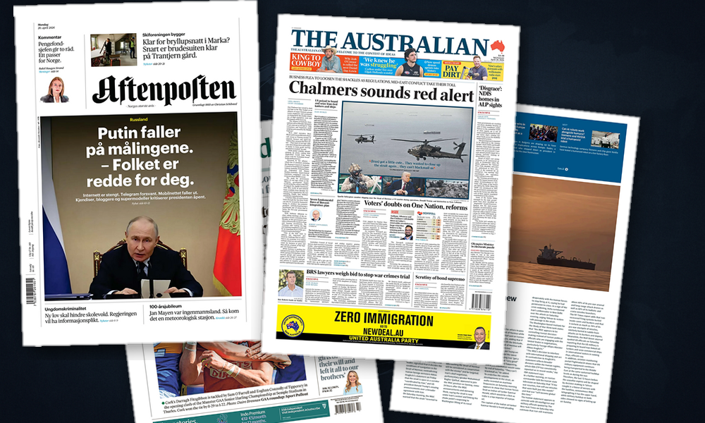 Collage delle prime pagine analizzate: Ormuz, migrazioni e scosse politiche