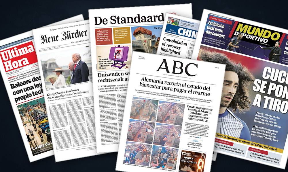 Collage delle prime pagine analizzate: Re Carlo, Opec scossa e bilanci sotto stress