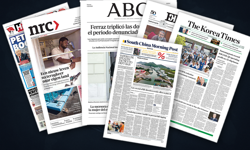 Collage delle prime pagine analizzate: Ormuz, Trump e regole: l'Europa si divide
