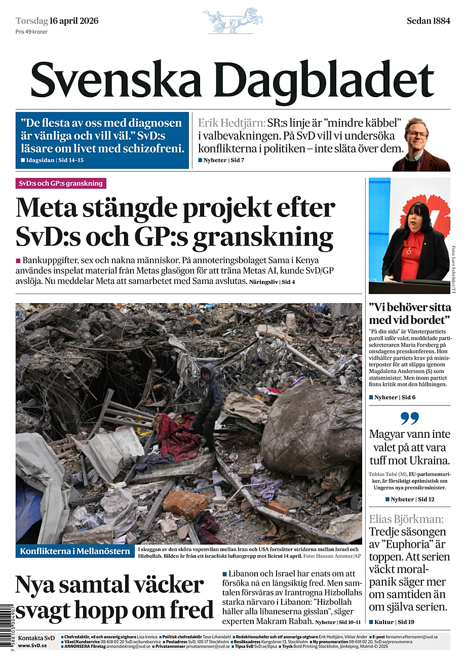 Prima pagina Svenska Dagbladet di oggi - Edicola 16 Aprile 2026