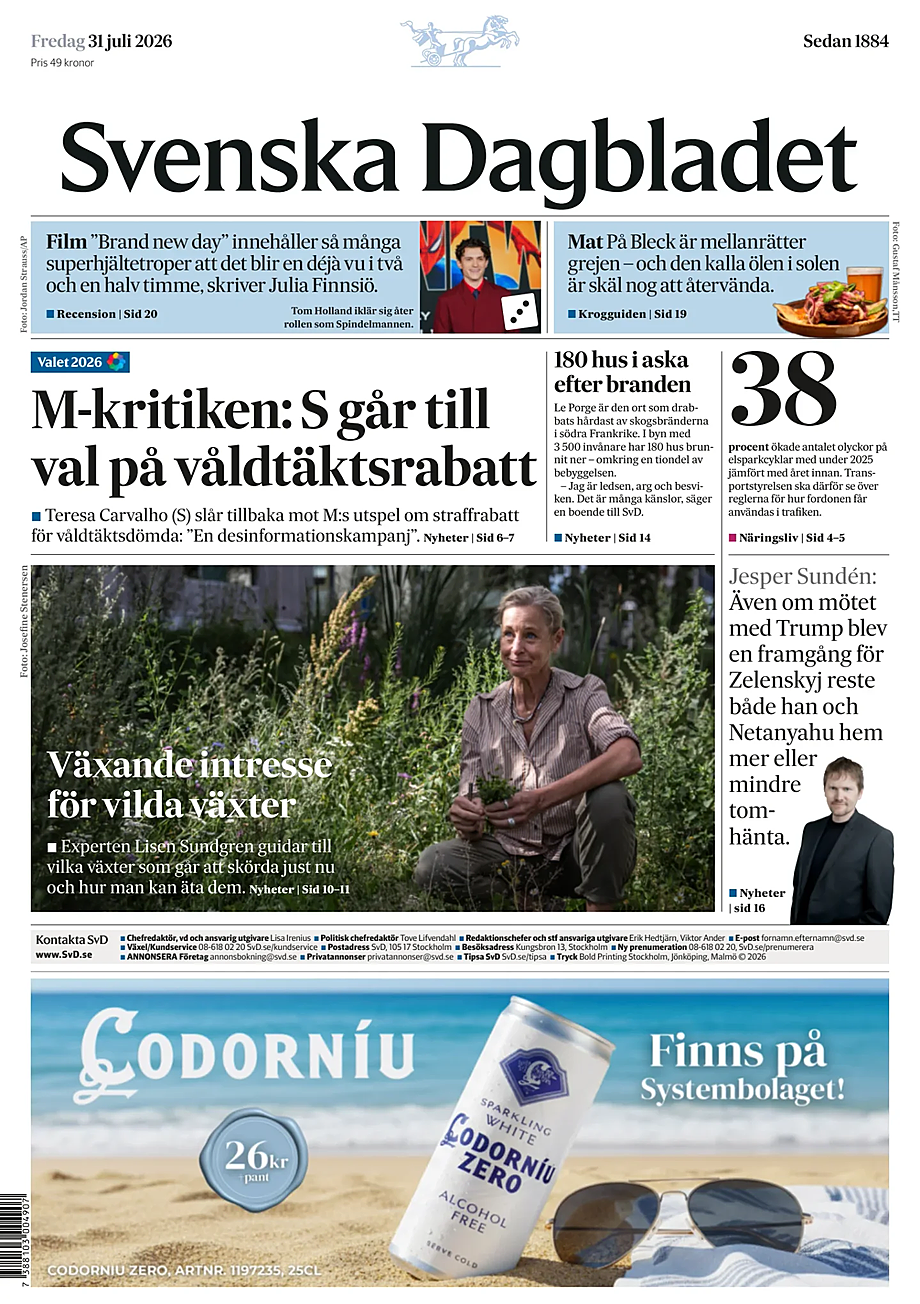 Portada Svenska Dagbladet de hoy - Quiosco 31 julio 2026