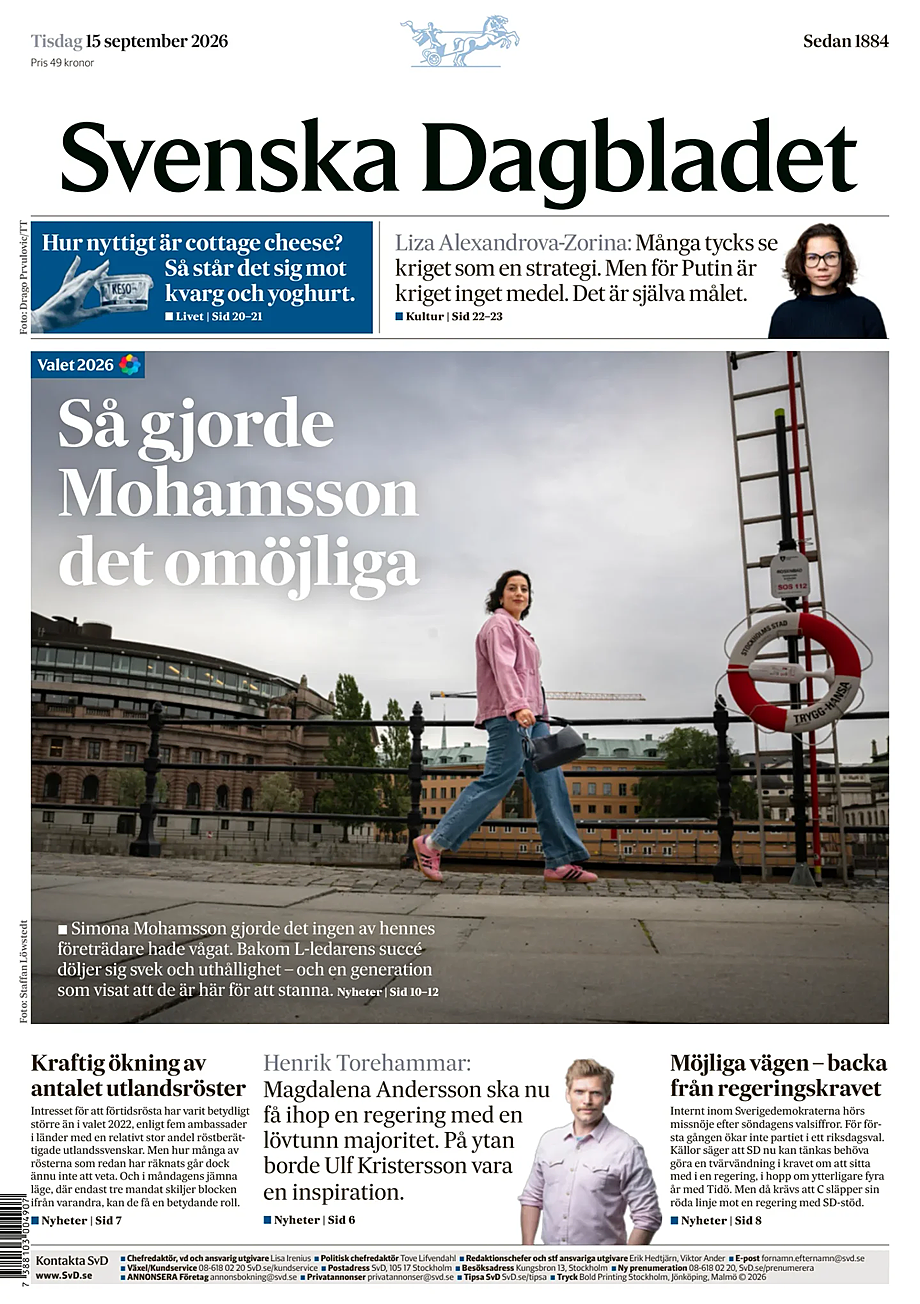 Portada Svenska Dagbladet de hoy - Quiosco 15 septiembre 2026