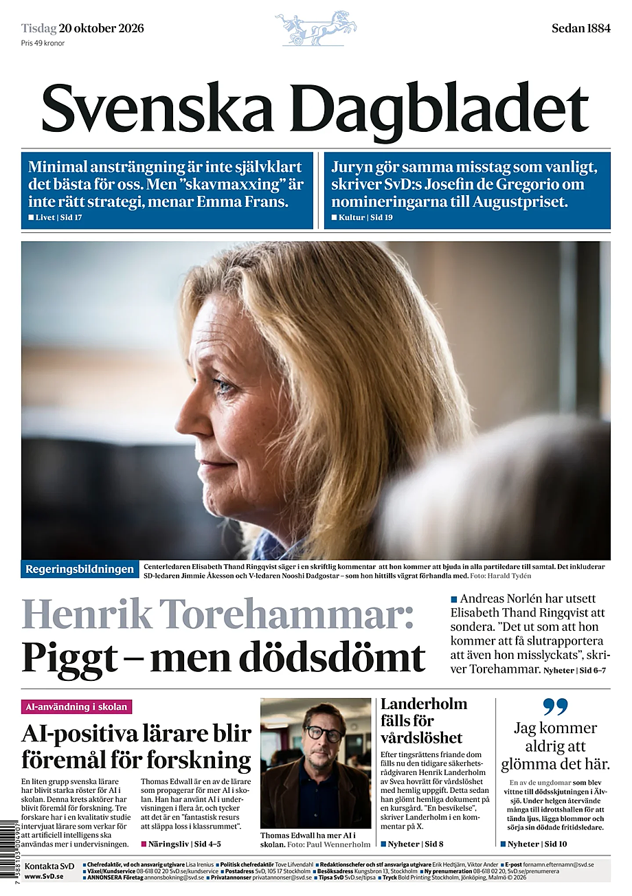 Prima pagina Svenska Dagbladet di oggi - Edicola 20 Ottobre 2026