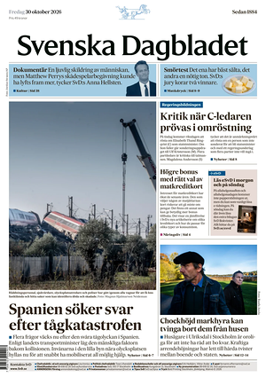 Prima pagina Svenska Dagbladet di oggi - Quotidiano estero