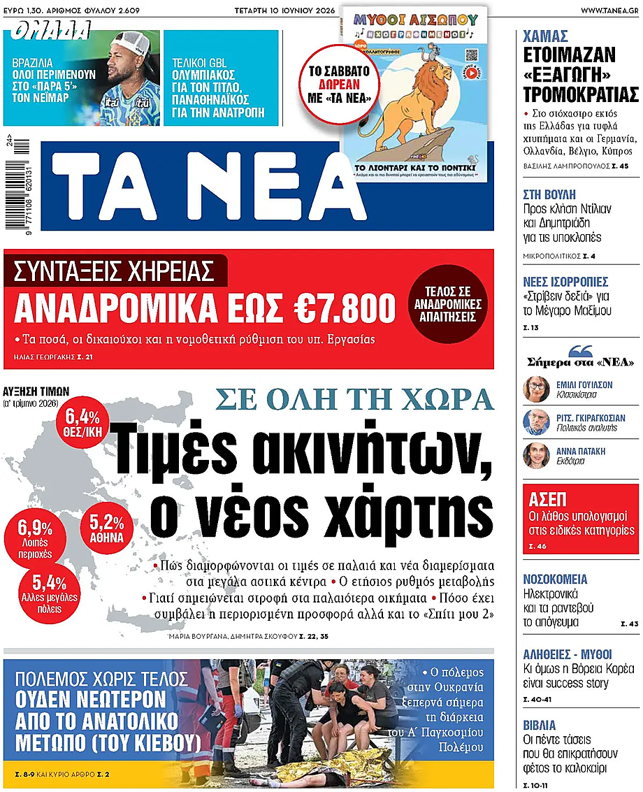Πρωτοσέλιδο Τα Νέα σήμερα - Ελληνικός Τύπος 10 Ιούνιος 2026