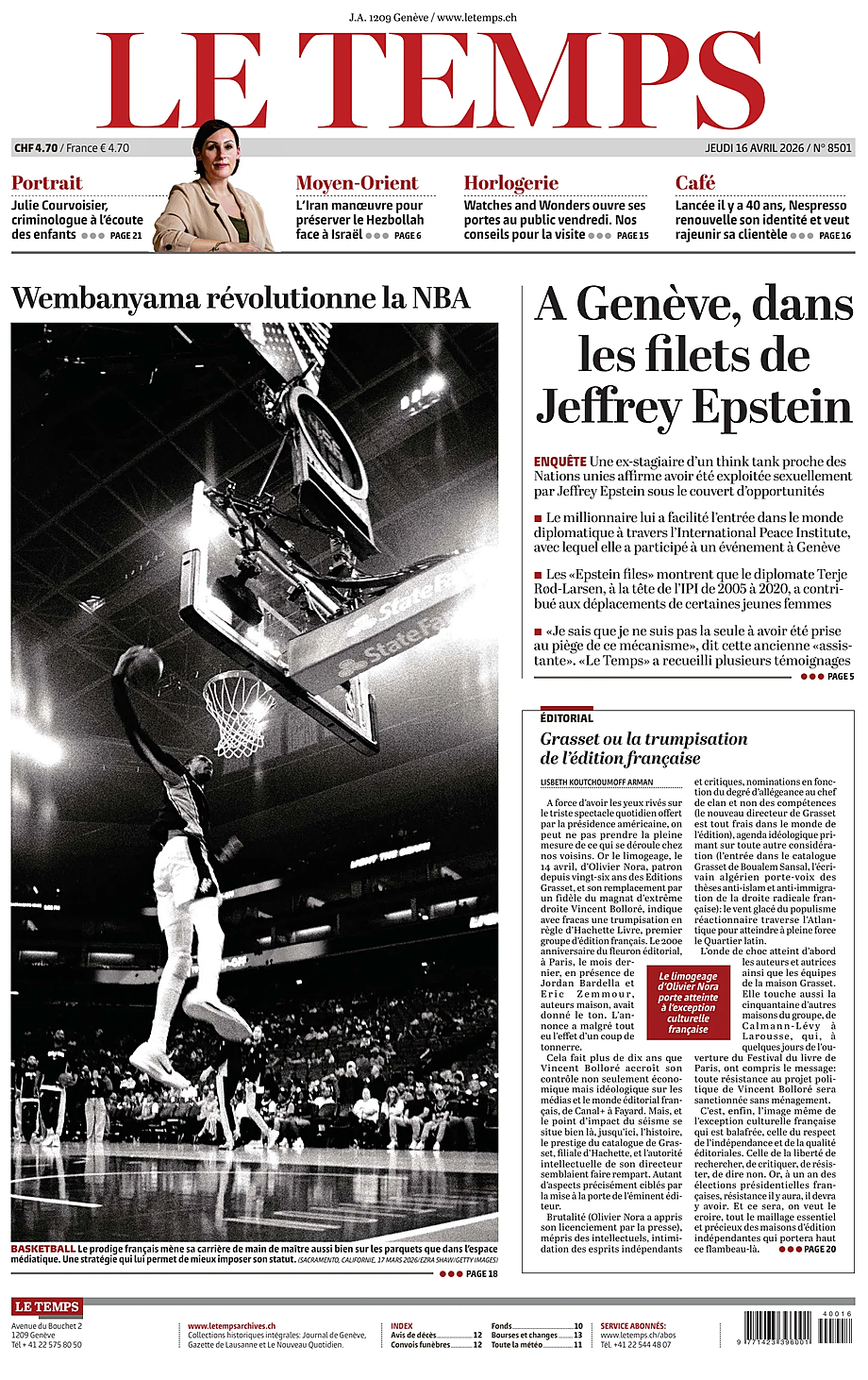 Prima pagina Le Temps di oggi - Edicola 16 Aprile 2026