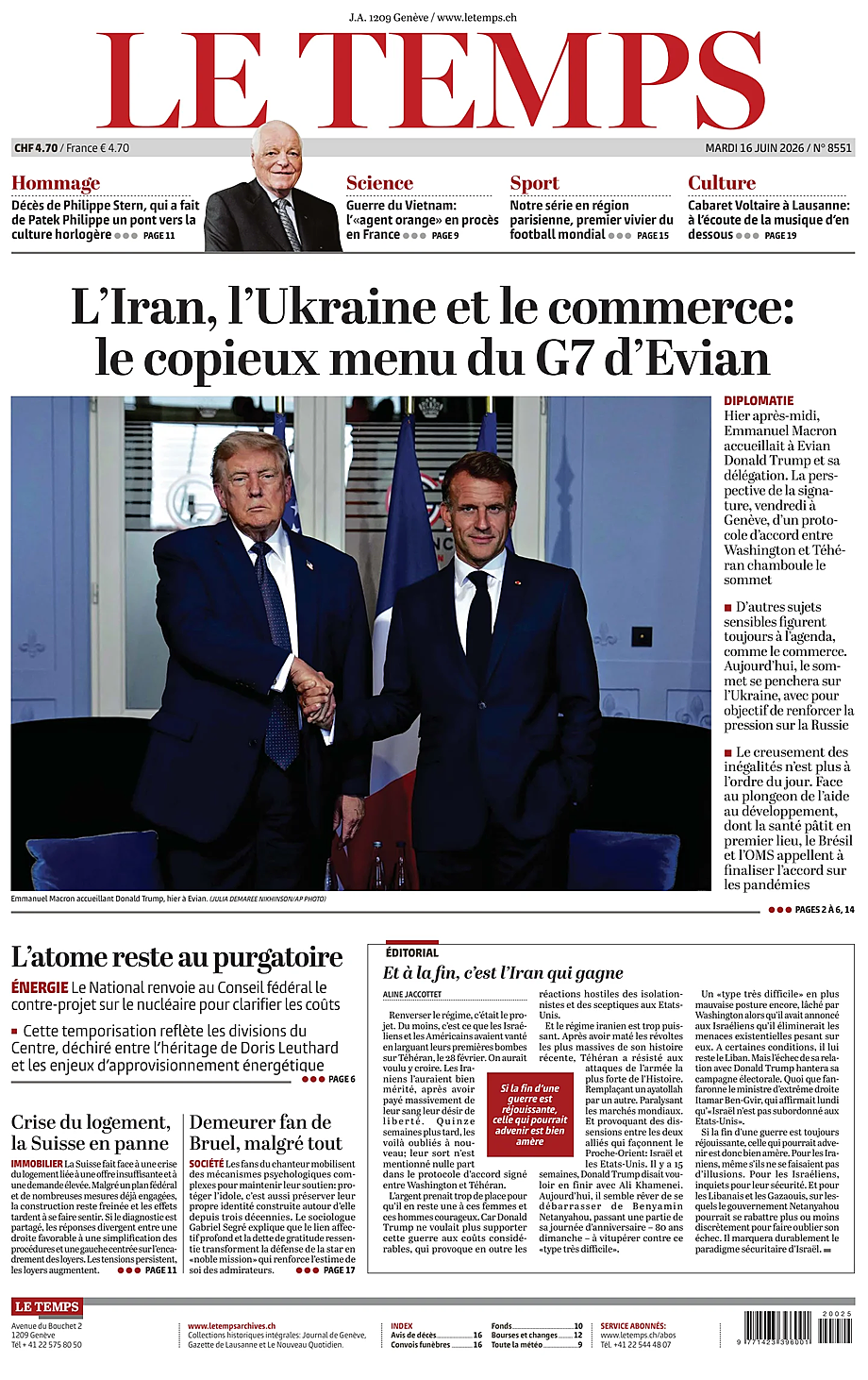 Portada Le Temps de hoy - Quiosco 16 junio 2026