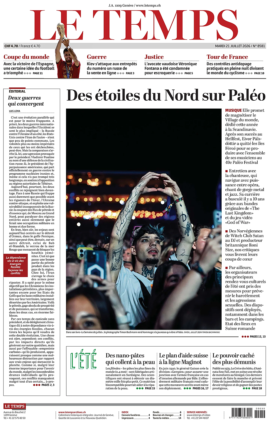 Prima pagina Le Temps di oggi - Edicola 21 Luglio 2026