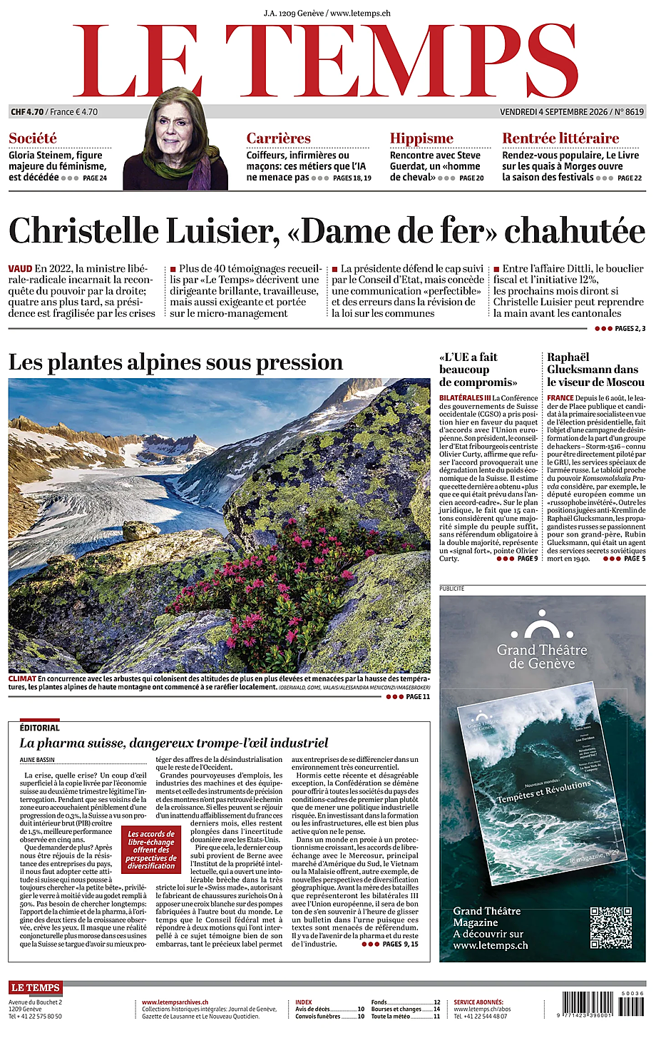 Prima pagina Le Temps di oggi - Edicola 4 Settembre 2026
