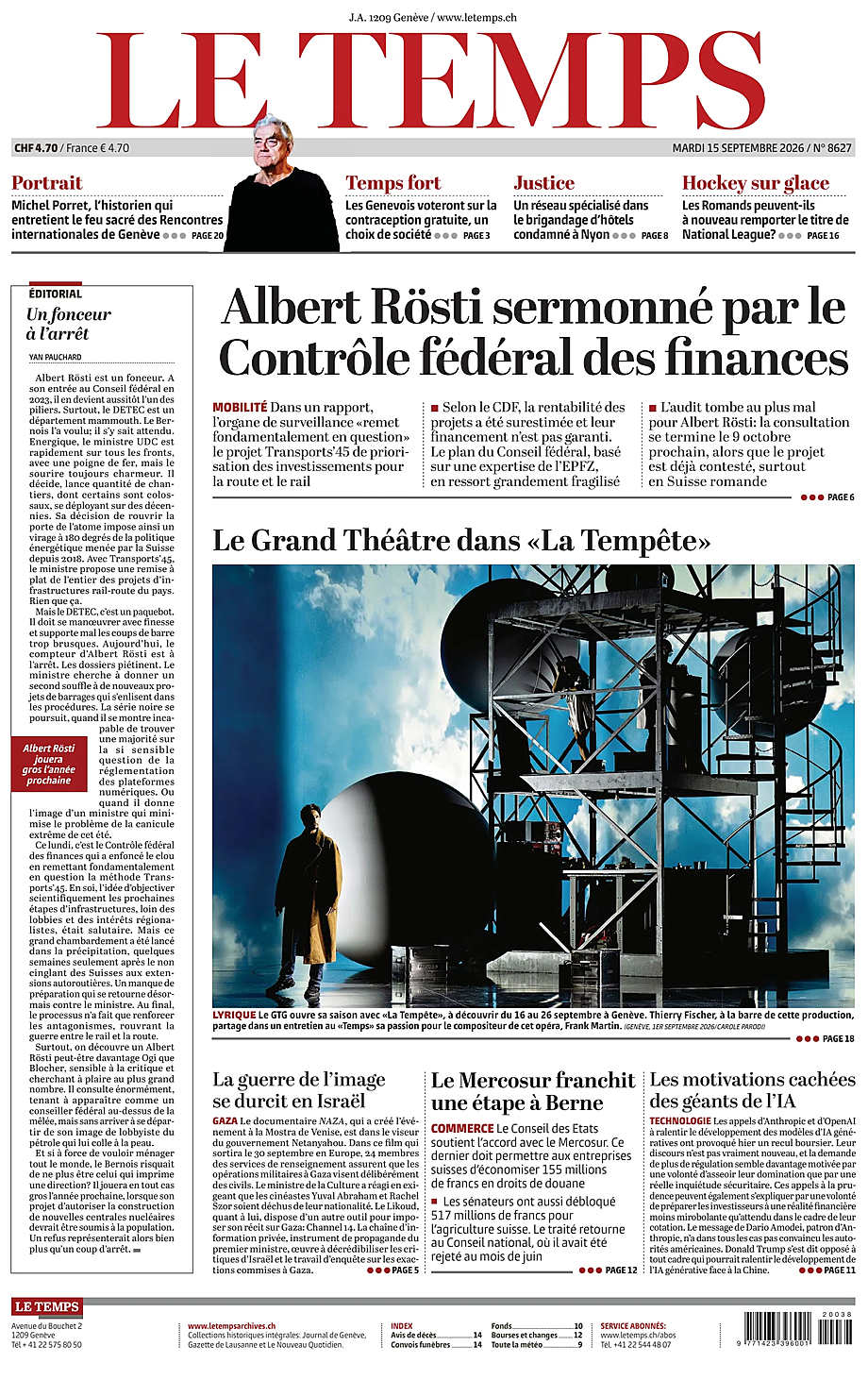 Portada Le Temps de hoy - Quiosco 15 septiembre 2026
