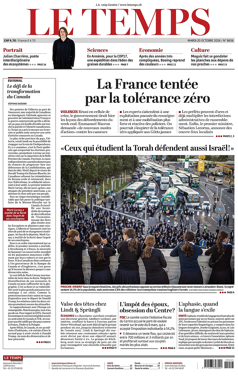 Prima pagina Le Temps di oggi - Edicola 20 Ottobre 2026