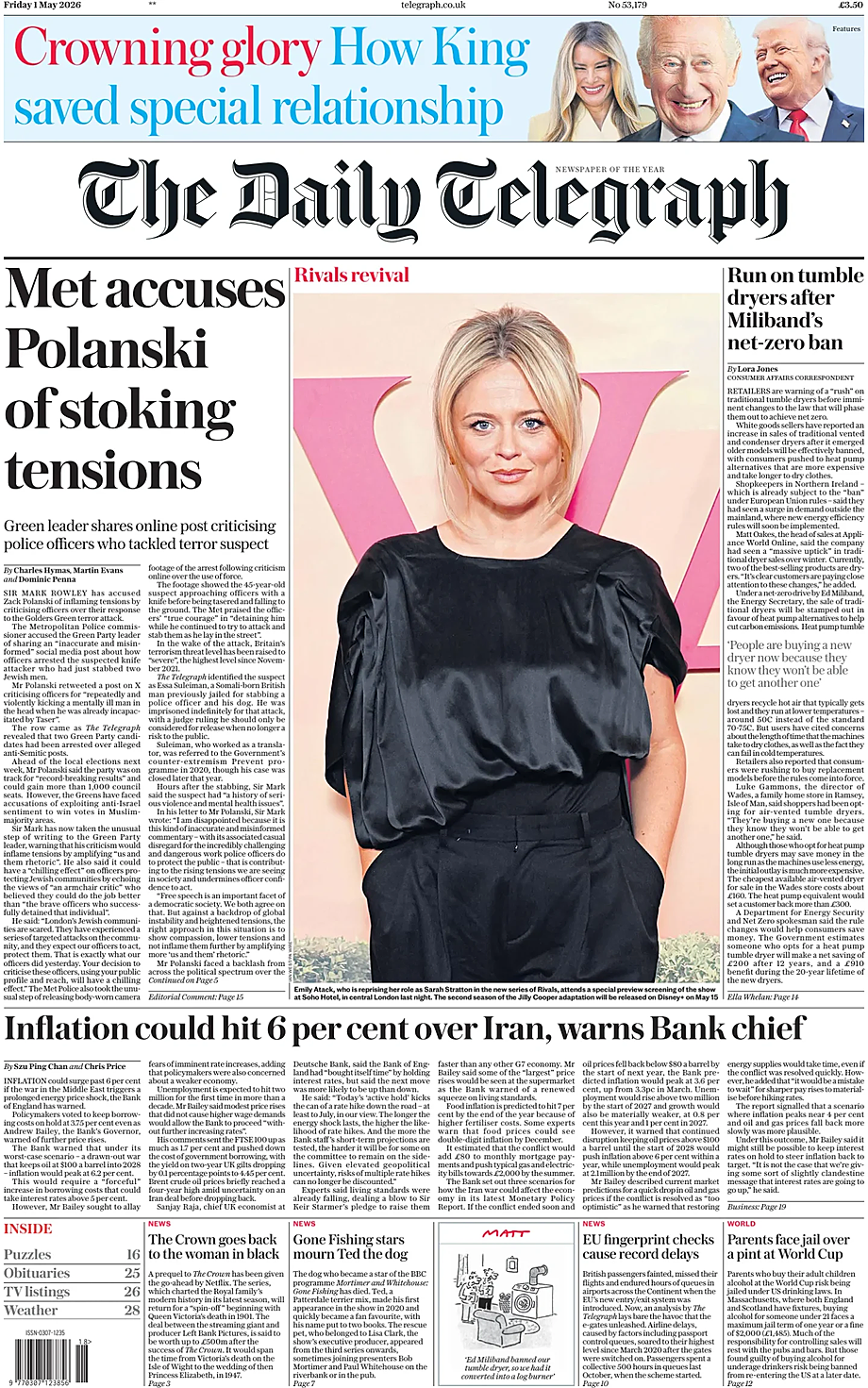 Front page of The Daily Telegraph today - UK press 1 May 2026