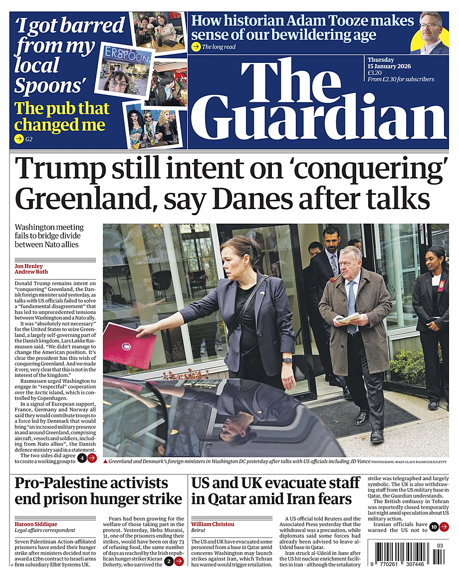 Prima pagina The Guardian di oggi - Edicola 15 Gennaio 2026
