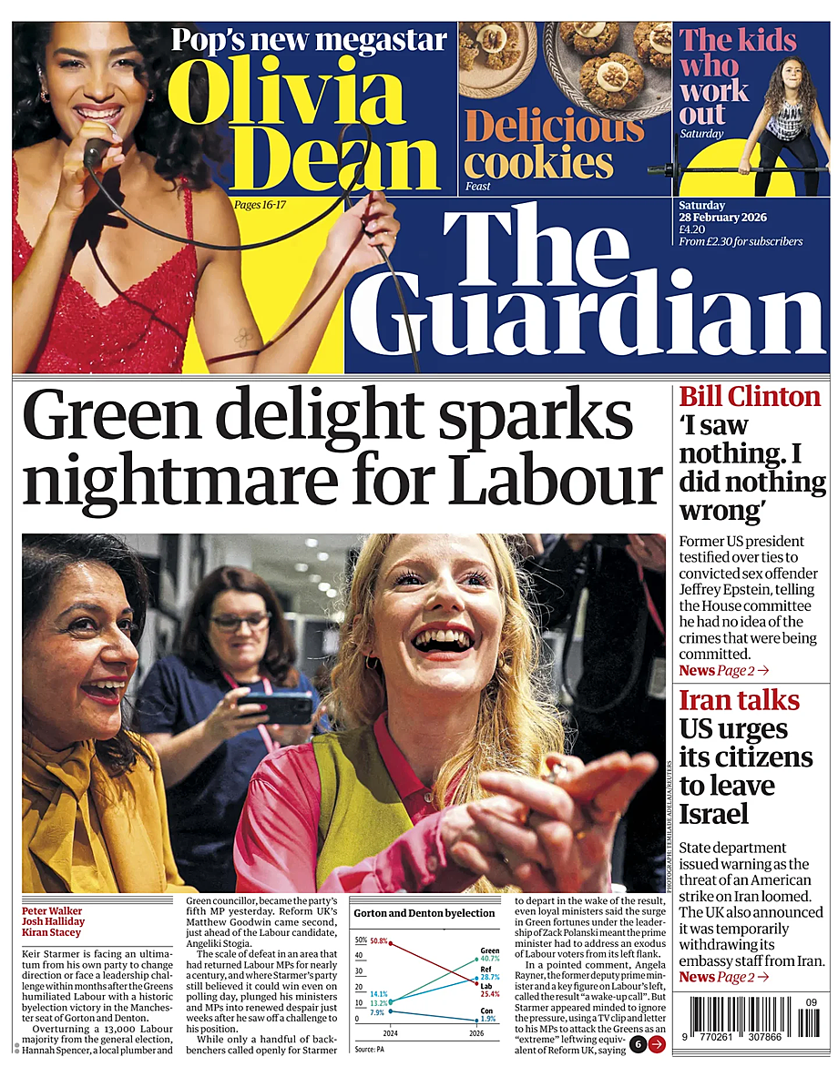 Prima pagina The Guardian di oggi - Edicola 28 Febbraio 2026