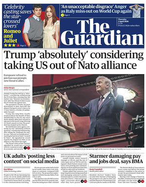 Prima pagina The Guardian di oggi - Quotidiano estero