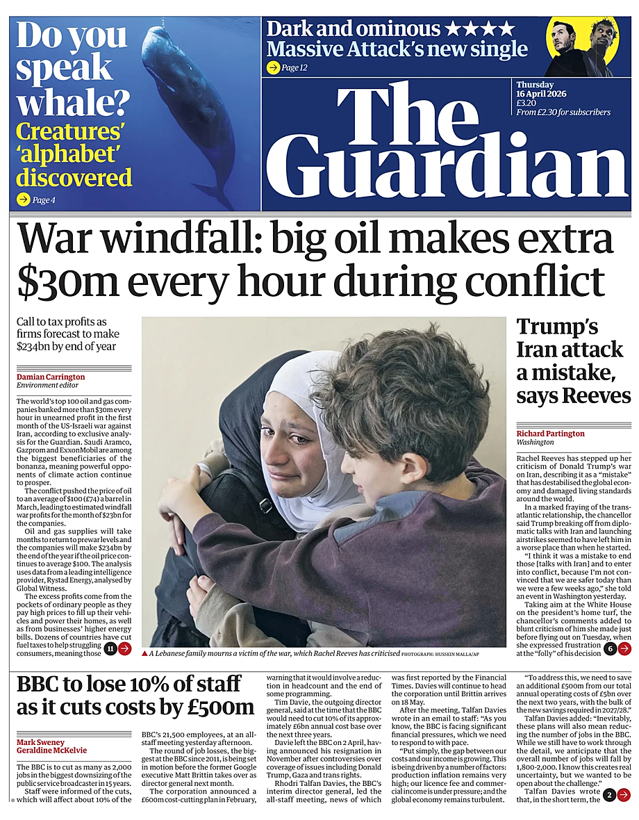 Prima pagina The Guardian di oggi - Edicola 16 Aprile 2026