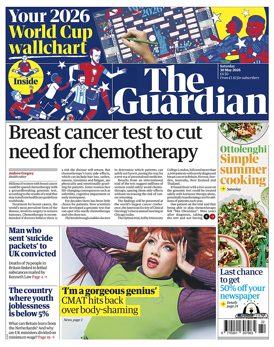 Prima pagina The Guardian di oggi - Edicola 30 Maggio 2026