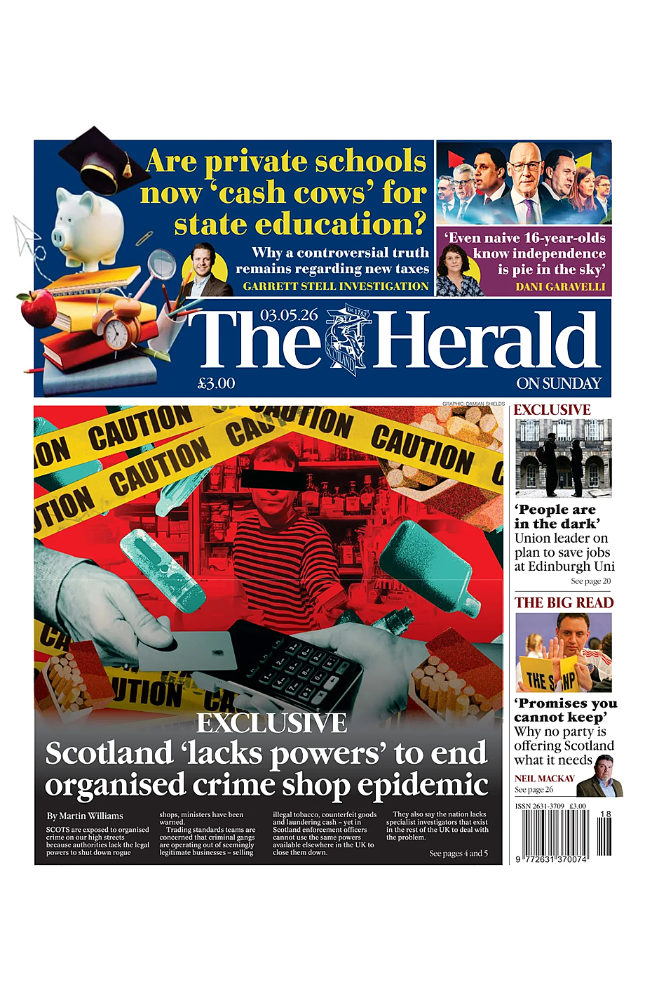 Front page of The Herald today - UK press 3 May 2026