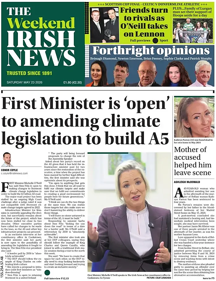 Front page of The Irish News today - UK press 24 May 2026
