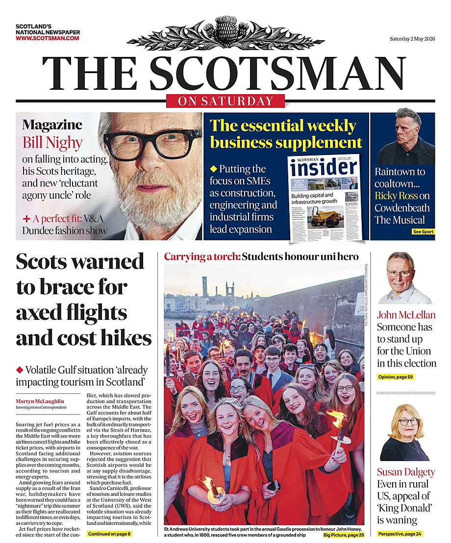 Front page of The Scotsman today - UK press 2 May 2026