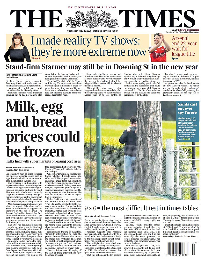 Front page of The Times today - UK press 20 May 2026