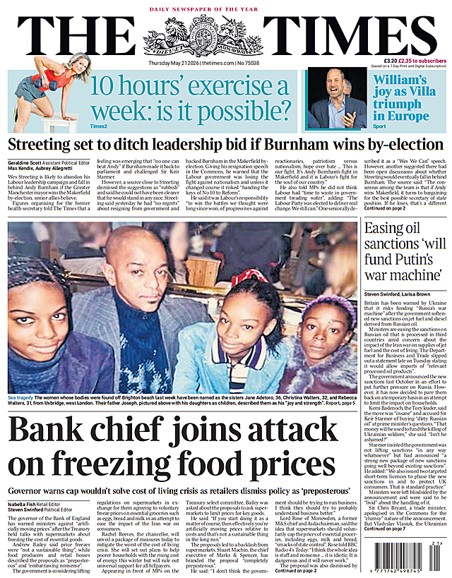 Front page of The Times today - UK press 21 May 2026