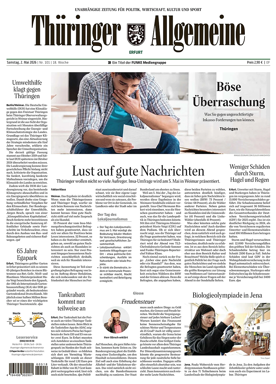 Titelseite von Thüringer Allgemeine heute - Presse 2 Mai 2026