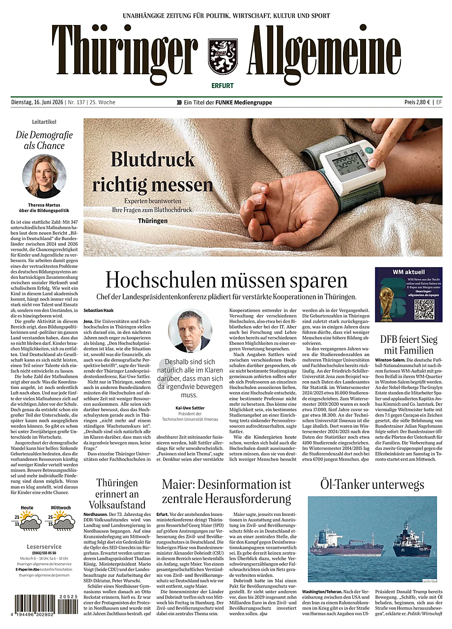 Titelseite von Thüringer Allgemeine heute - Presse 16 Juni 2026