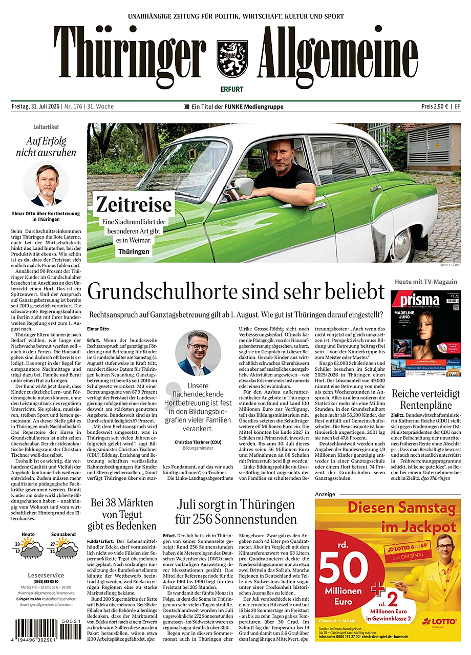 Titelseite von Thüringer Allgemeine heute - Presse 31 Juli 2026