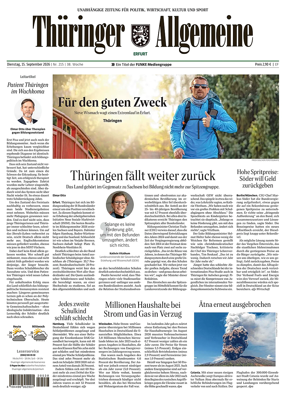Titelseite von Thüringer Allgemeine heute - Presse 15 September 2026