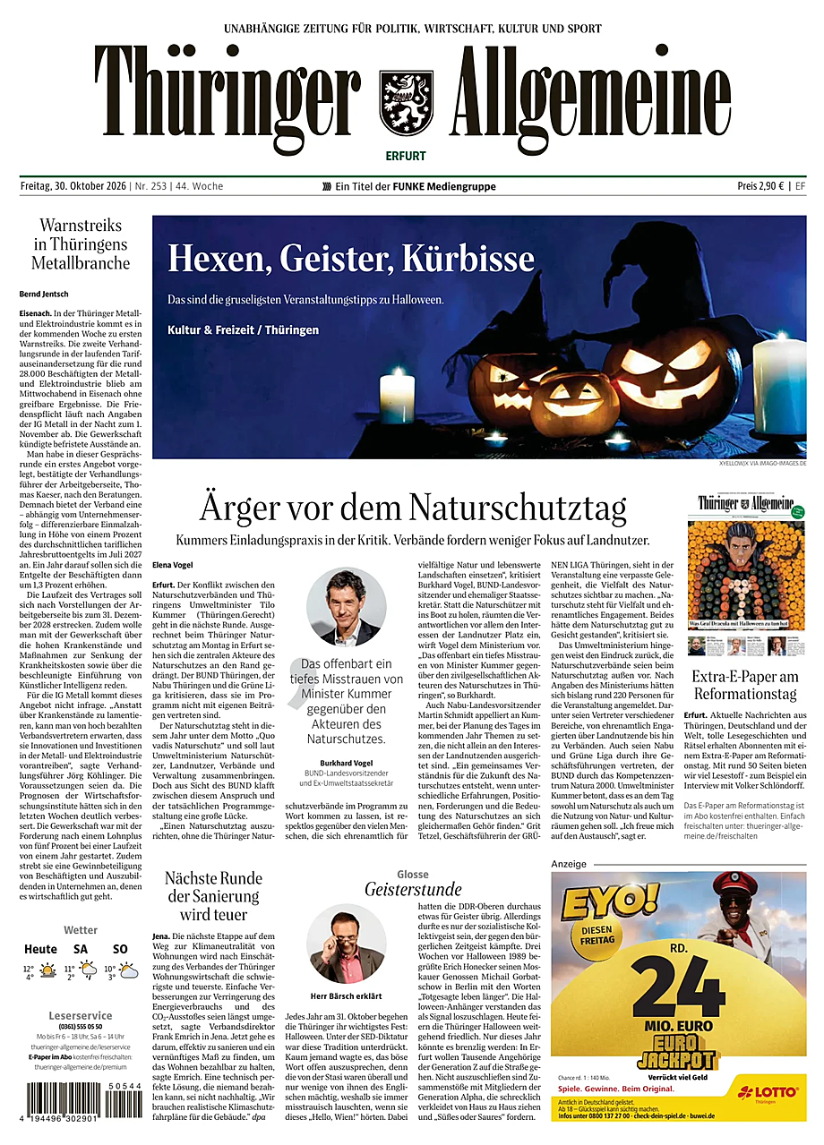 Titelseite von Thüringer Allgemeine heute - Presse 30 Oktober 2026