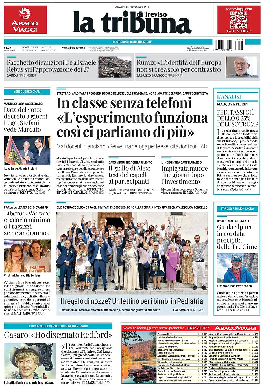 Prima pagina La Tribuna di Treviso di oggi - Edicola 18 Settembre 2025