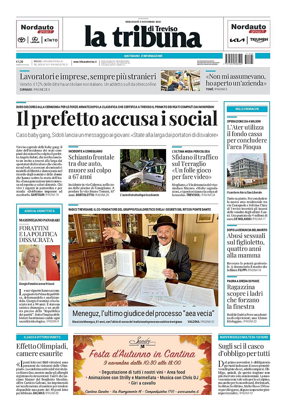 Prima pagina La Tribuna di Treviso di oggi - Edicola 5 Novembre 2025