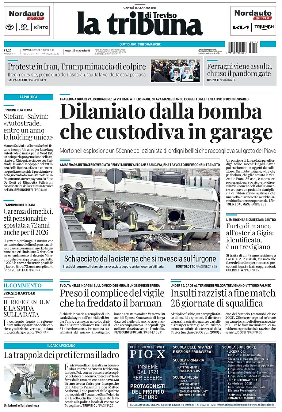 Prima pagina La Tribuna di Treviso di oggi - Edicola 15 Gennaio 2026