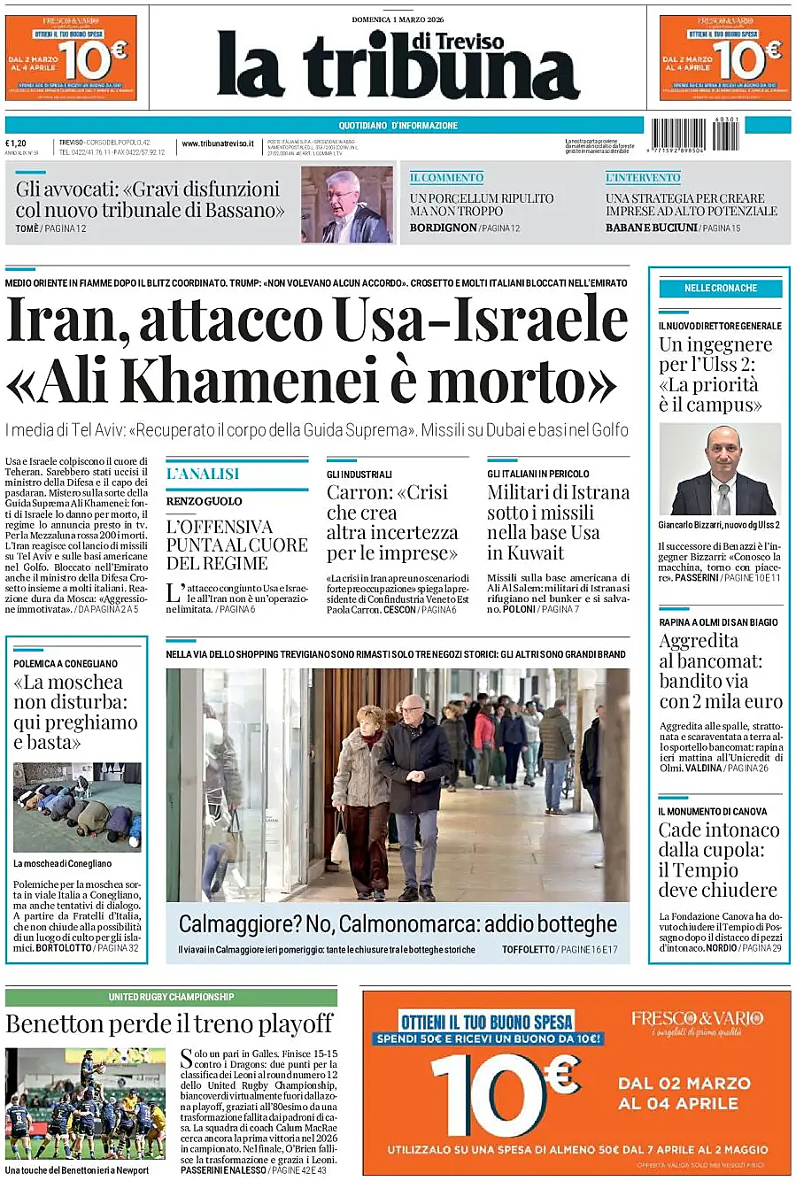 Prima pagina La Tribuna di Treviso di oggi - Edicola 1 Marzo 2026