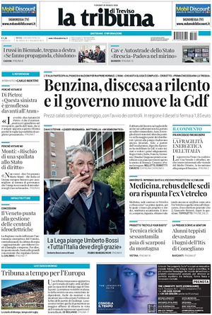 Prima pagina La Tribuna di Treviso di oggi - Quotidiano regionale